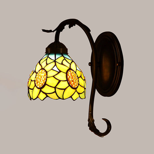 Frendorf | Zonnebloem Wandlamp 1 Licht Gevlekt Kunstglas Mediterrane Wandlamp in Geel met Gebogen Arm