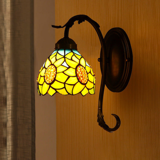Frendorf | Zonnebloem Wandlamp 1 Licht Gevlekt Kunstglas Mediterrane Wandlamp in Geel met Gebogen Arm