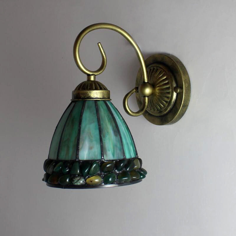 Dome Wandbeleuchtung Idee Tiffany Buntglas/Beige/Grün Buntglas 1 Licht Weiß/Messing Wandleuchte mit Stein Dekor