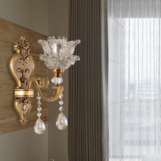 Frendorf | 1/2 Bulbs Wandleuchte Sconces Traditionelle Wohnzimmer Wandbeleuchtung mit Blütenwasser-Glas-Schirm in Messing