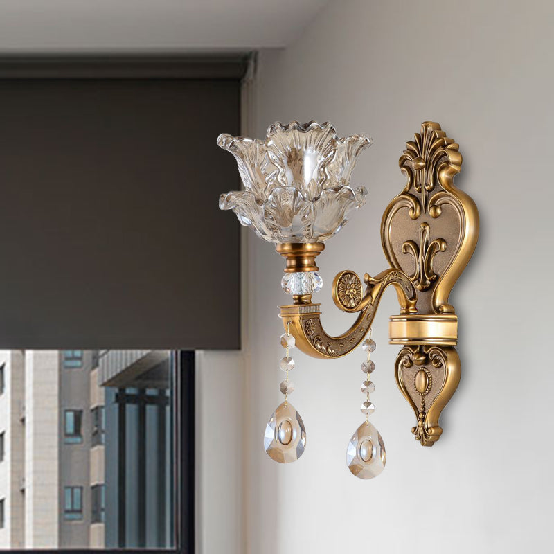 Frendorf | 1/2 Bulbs Wandleuchte Sconces Traditionelle Wohnzimmer Wandbeleuchtung mit Blütenwasser-Glas-Schirm in Messing