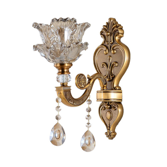 Frendorf | 1/2 Bulbs Wandleuchte Sconces Traditionelle Wohnzimmer Wandbeleuchtung mit Blütenwasser-Glas-Schirm in Messing