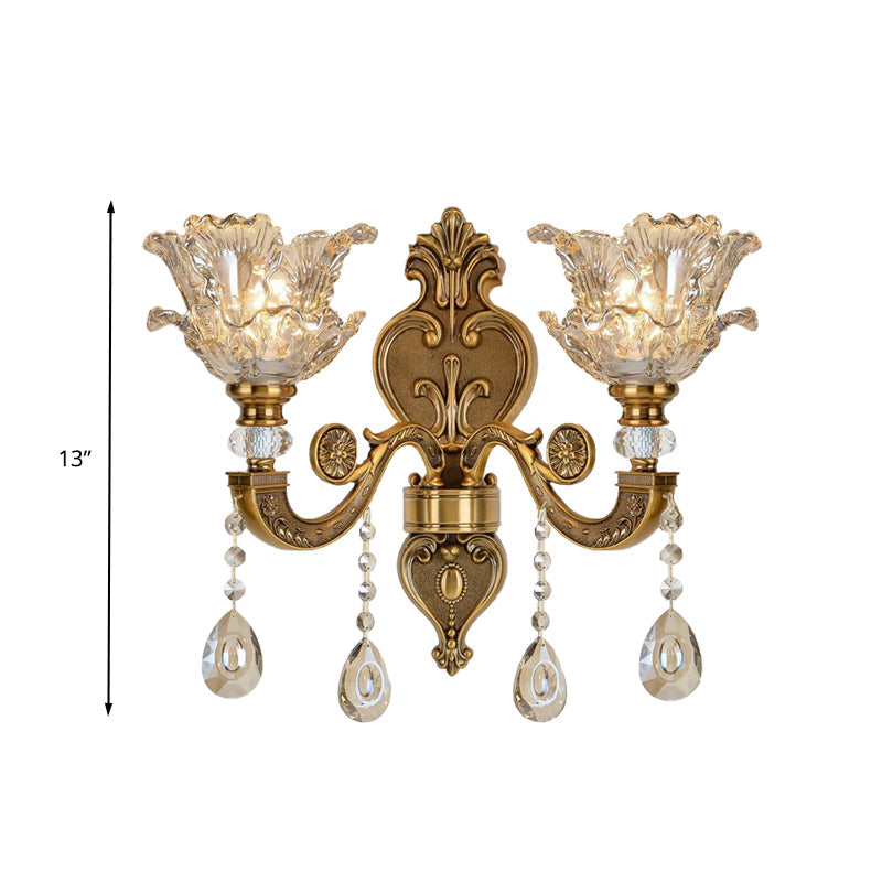 Frendorf | 1/2 Bulbs Wandleuchte Sconces Traditionelle Wohnzimmer Wandbeleuchtung mit Blütenwasser-Glas-Schirm in Messing