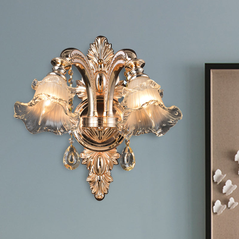 Frendorf | 1/2 Lichten Kristallen Wandlamp Traditionalist Gouden Bloem Woonkamer Wandgemonteerd Licht