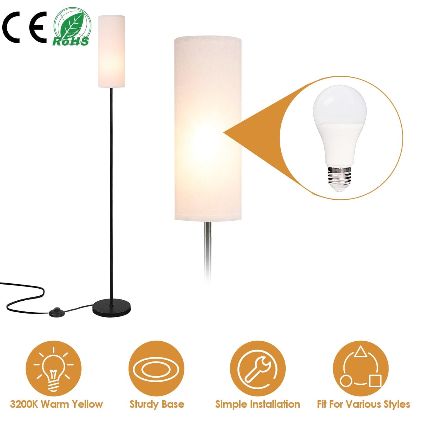Frendorf | 3200K Warmgelbes Licht Moderne Stehlampe mit Fußschalter 6W Glühbirne