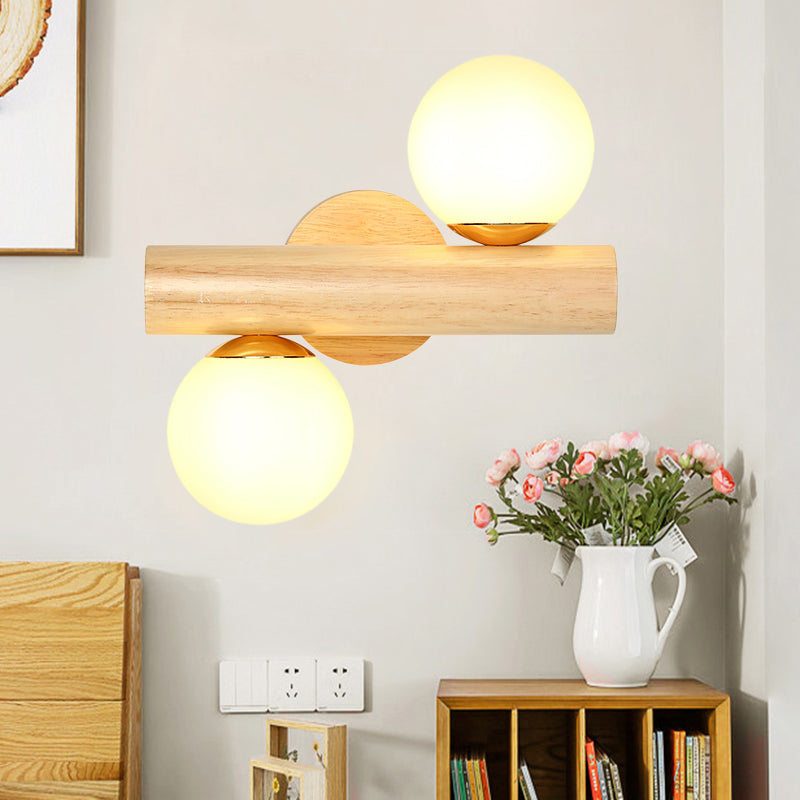Frendorf | Wandlampe Tube Japanisches Holz 2 Köpfe Beige Wandleuchte mit Milchglas-Schirm
