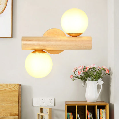 Frendorf | Wandlampe Tube Japanisches Holz 2 Köpfe Beige Wandleuchte mit Milchglas-Schirm