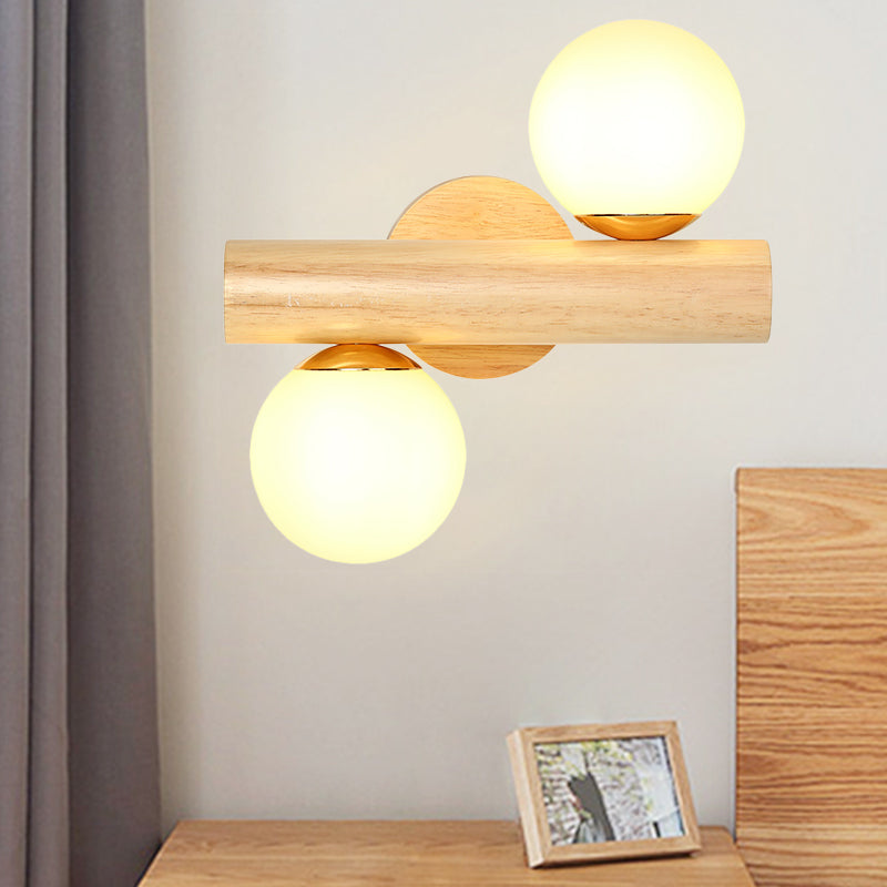Frendorf | Wandlampe Tube Japanisches Holz 2 Köpfe Beige Wandleuchte mit Milchglas-Schirm