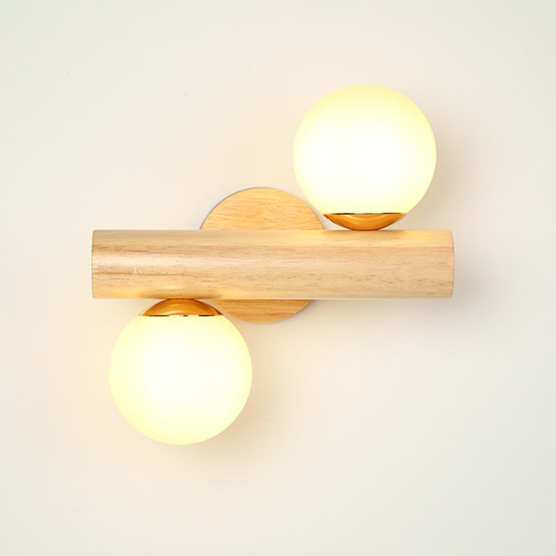 Frendorf | Wandlampe Tube Japanisches Holz 2 Köpfe Beige Wandleuchte mit Milchglas-Schirm