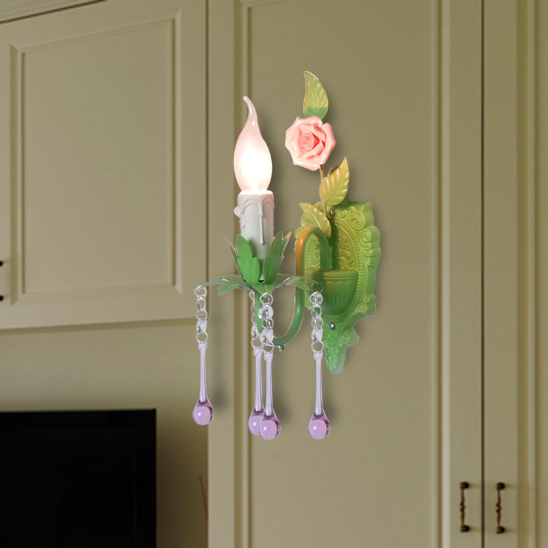 Frendorf | 1 Glühbirne Wandlicht Traditionelle Kerzenhalter Facettierte Kristall Wandlampe in Weiß/Grün für das Wohnzimmer