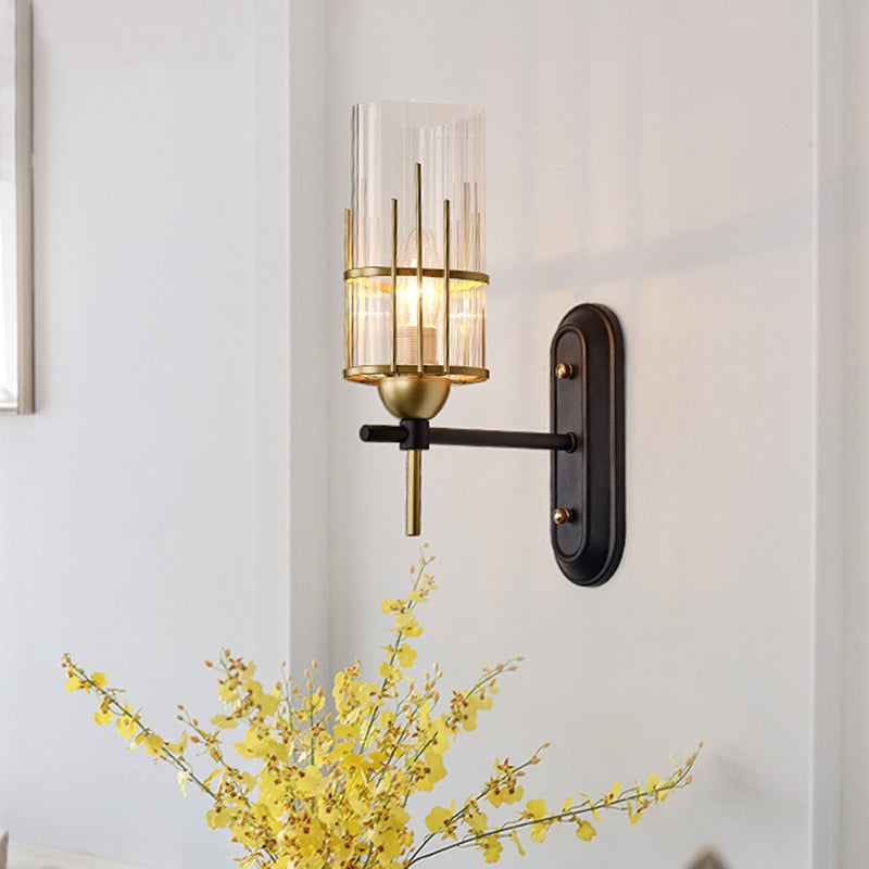 Frendorf | 1 Glühbirne Wandlicht Sconce Traditionelle Wohnzimmer Wandbeleuchtungseinrichtung mit zylindrischem klarem Glas-Schirm in Gold