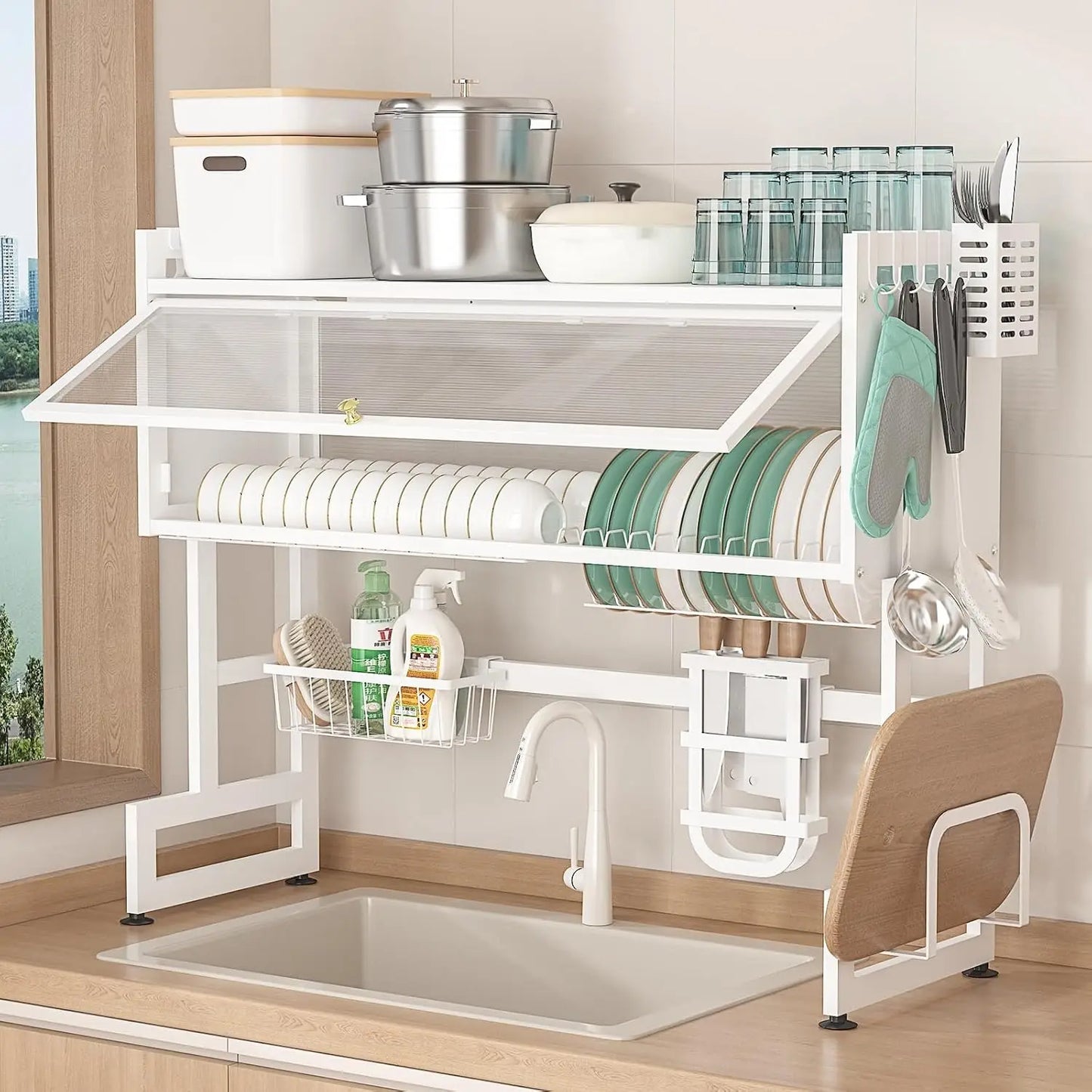 Frendorf | 33" Länge 2-Tier Weißer Geschirrabtropfer Trockenregal Küchenorganizer