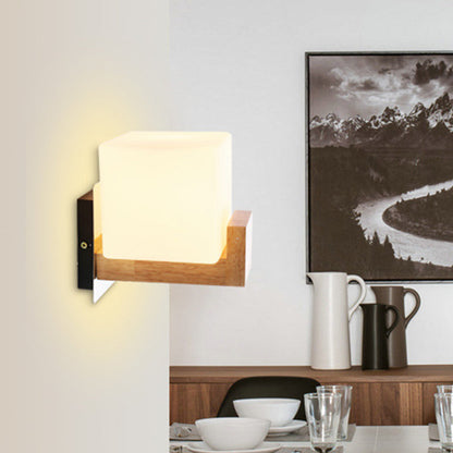 Frendorf | Moderne 1 Kop Wandschijnlicht Houten Vierkante Wandgemonteerde Verlichting met Witte Glazen Schaal