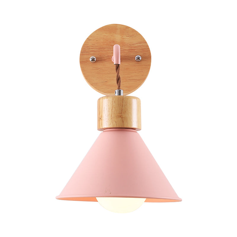 Frendorf | Kegelvormige Metallic Wandlamp Nordic Stijlvolle 1 Licht Blauw/Roze/Wit Wandmontage Lamp met Houten Kap