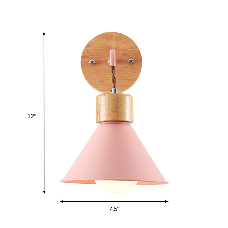Frendorf | Kegelvormige Metallic Wandlamp Nordic Stijlvolle 1 Licht Blauw/Roze/Wit Wandmontage Lamp met Houten Kap