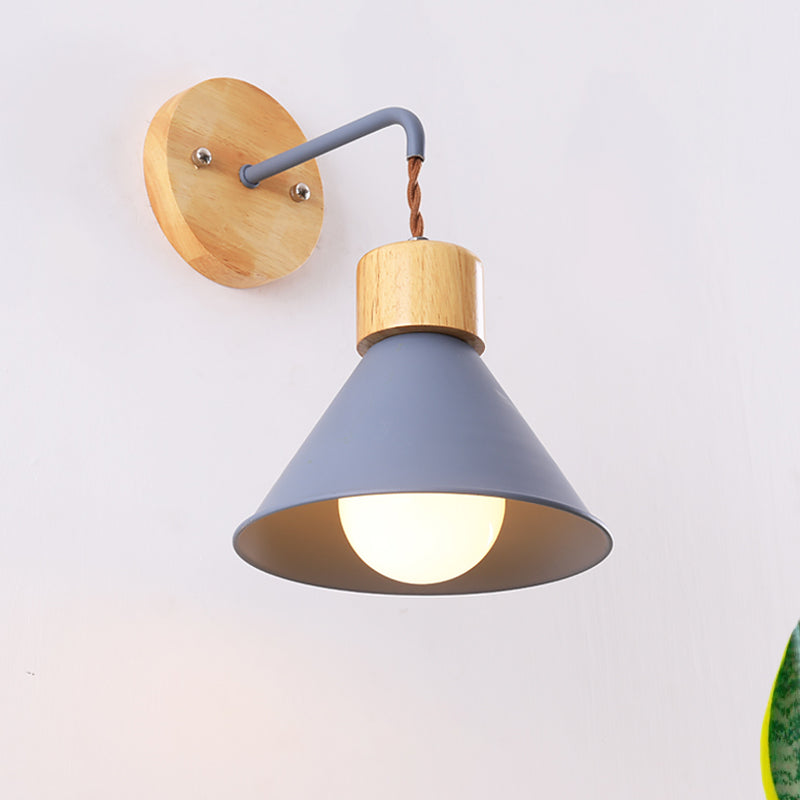Frendorf | Kegelvormige Metallic Wandlamp Nordic Stijlvolle 1 Licht Blauw/Roze/Wit Wandmontage Lamp met Houten Kap