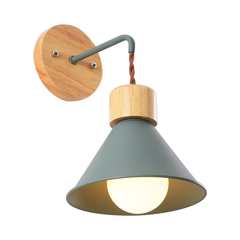 Frendorf | Kegelvormige Metallic Wandlamp Nordic Stijlvolle 1 Licht Blauw/Roze/Wit Wandmontage Lamp met Houten Kap