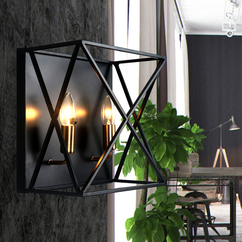 Frendorf | Vierkant metalen wandlamparmatuur boerenstijl 2 lampen zwarte afwerking wandlamp met draadframe