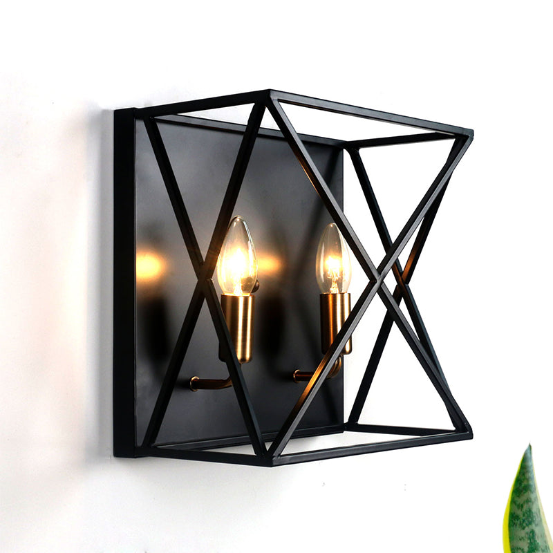 Frendorf | Vierkant metalen wandlamparmatuur boerenstijl 2 lampen zwarte afwerking wandlamp met draadframe
