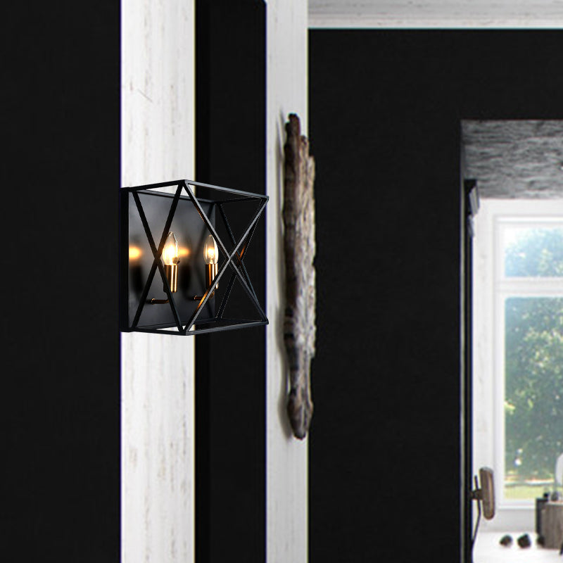 Frendorf | Vierkant metalen wandlamparmatuur boerenstijl 2 lampen zwarte afwerking wandlamp met draadframe