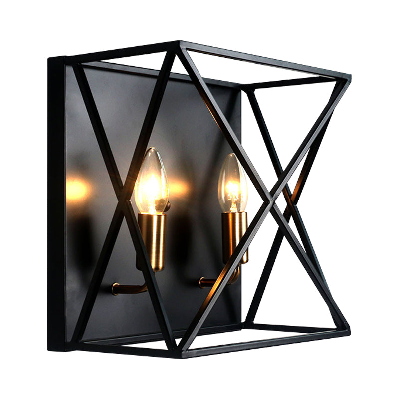 Frendorf | Vierkant metalen wandlamparmatuur boerenstijl 2 lampen zwarte afwerking wandlamp met draadframe