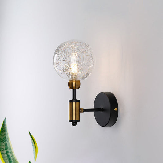 Frendorf | 1/2-Licht Schlafzimmer Wandleuchte Industriestil Schwarz/Messing Finish Wandleuchte mit Orbit Klar Glas Shade