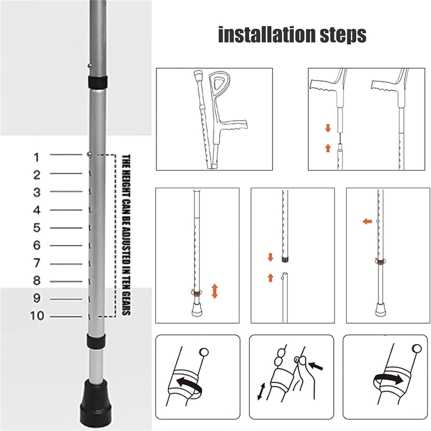 Frendorf | 2×Erwachsenen Unterarmkrücken, faltbare Gehhilfen, verstellbare Krücken, ergonomische Griffe, rutschfeste Gummikappen, für Höhen von 140-190 cm