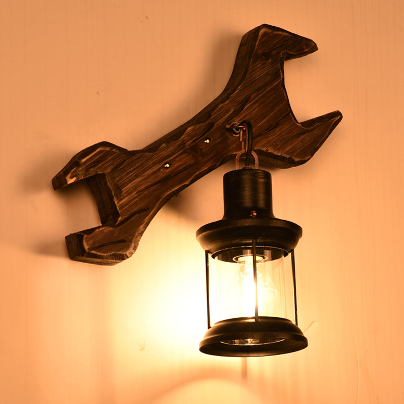 Frendorf | Laterne Schlafzimmer Wandleuchte Sconces Holz 1 Licht Industriell Gealtertes Bronze Wandleuchten-Fassung mit Werkzeug-Rückplatte