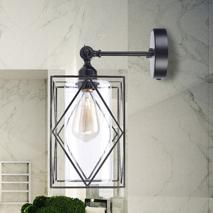 Frendorf | Schwarze Käfig Wandlampe Industrial 1 Kopf Metall Wandbeleuchtung mit innerem Zylinder klarem Glasschirm, direkt verkabelt elektrisch/steckerfertig elektrisch