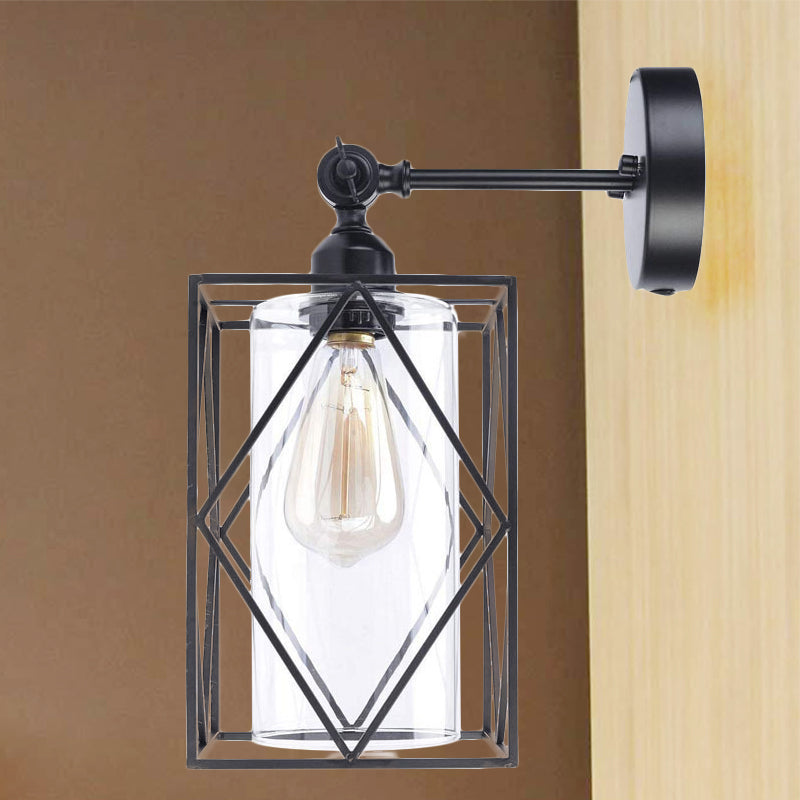 Frendorf | Schwarze Käfig Wandlampe Industrial 1 Kopf Metall Wandbeleuchtung mit innerem Zylinder klarem Glasschirm, direkt verkabelt elektrisch/steckerfertig elektrisch