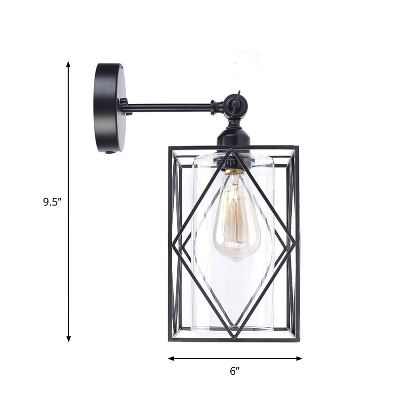 Frendorf | Schwarze Käfig Wandlampe Industrial 1 Kopf Metall Wandbeleuchtung mit innerem Zylinder klarem Glasschirm, direkt verkabelt elektrisch/steckerfertig elektrisch