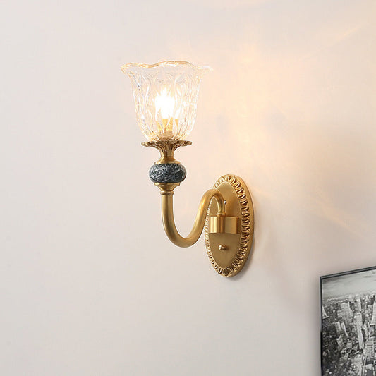 Frendorf | 1/2 Köpfe Klare Glas Wandlampe Vintage Messing Blume Schlafzimmer LED Wandmontierte Beleuchtung