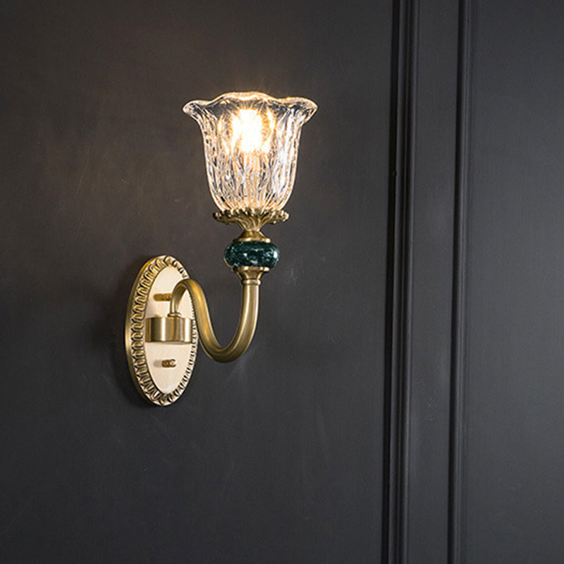 Frendorf | 1/2 Köpfe Klare Glas Wandlampe Vintage Messing Blume Schlafzimmer LED Wandmontierte Beleuchtung