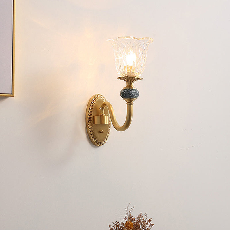 Frendorf | 1/2 Köpfe Klare Glas Wandlampe Vintage Messing Blume Schlafzimmer LED Wandmontierte Beleuchtung