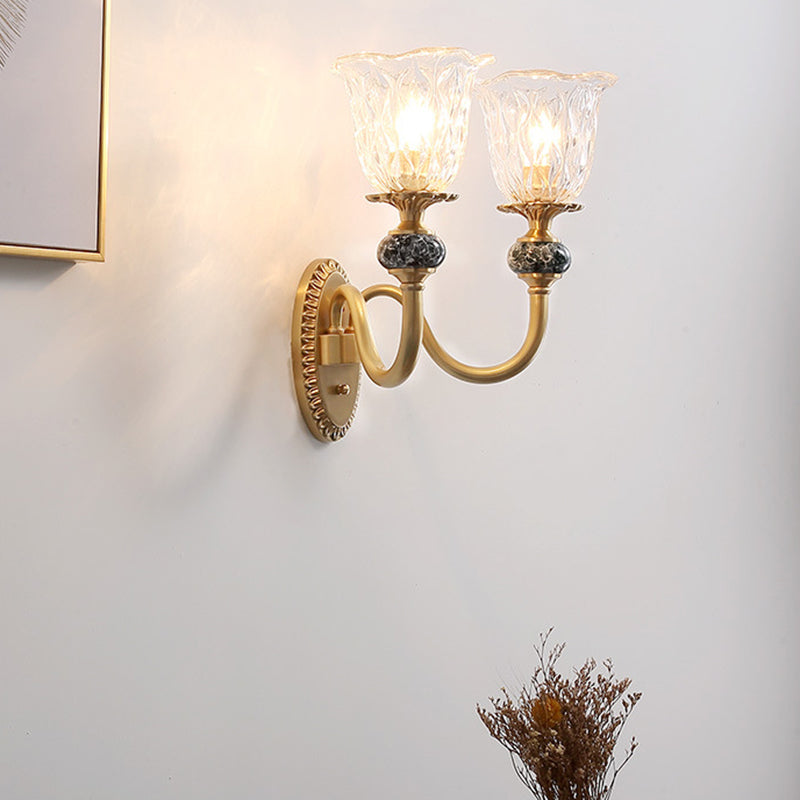 Frendorf | 1/2 Köpfe Klare Glas Wandlampe Vintage Messing Blume Schlafzimmer LED Wandmontierte Beleuchtung