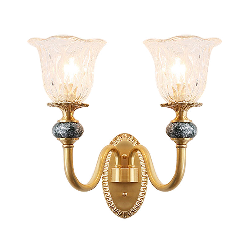 Frendorf | 1/2 Köpfe Klare Glas Wandlampe Vintage Messing Blume Schlafzimmer LED Wandmontierte Beleuchtung