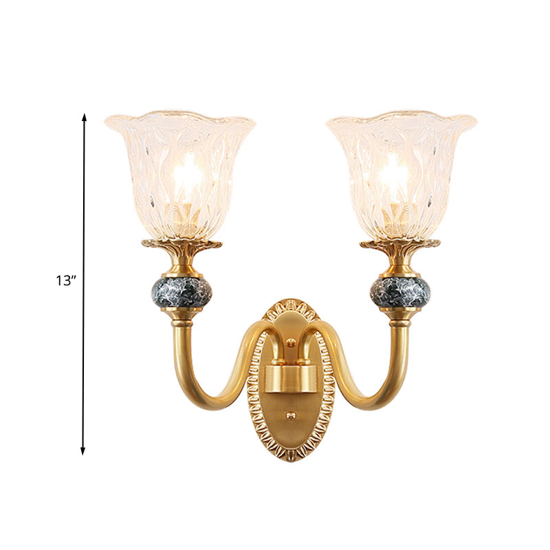 Frendorf | 1/2 Köpfe Klare Glas Wandlampe Vintage Messing Blume Schlafzimmer LED Wandmontierte Beleuchtung