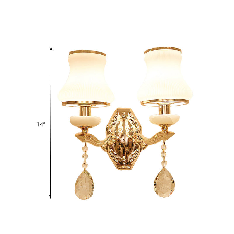 Frendorf | Bell Schlafzimmer Wandlampe Wand sconce Traditionell Opal Satinierte Glas 1/2 Glühbirnen Messing Wandlampe mit klarem Kristall Tropfen