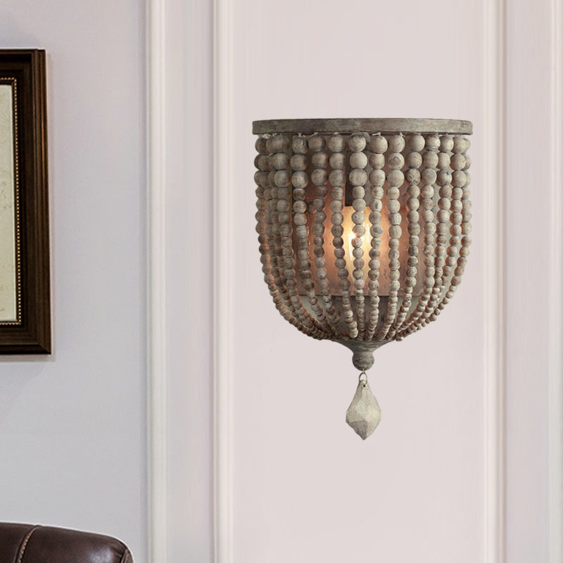 Frendorf | 1 Licht Holz Wandlampe Landhaus Grau Perlen Wohnzimmer Wandlampe Lichtarmatur