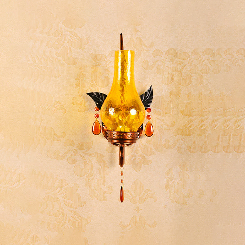 Frendorf | Traditionele Vaas Muurmontage Licht Geel Gebarsten Glas 1 Licht Badkamer Wandlamp Wandarmatuur met Oranje Kristal Deco