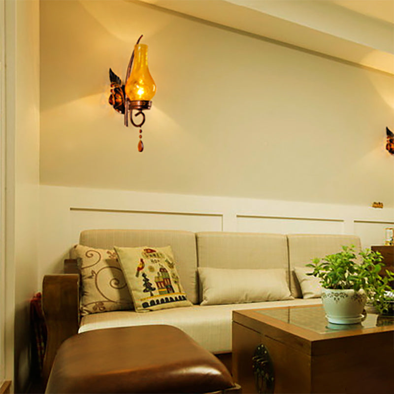 Frendorf | Traditionele Vaas Muurmontage Licht Geel Gebarsten Glas 1 Licht Badkamer Wandlamp Wandarmatuur met Oranje Kristal Deco
