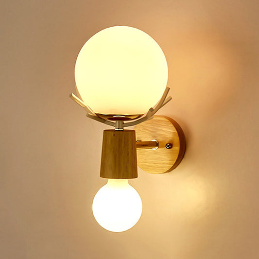 Frendorf | 2 Köpfe Nachttisch Wandbeleuchtung Modernistische Holz Wandleuchte mit Kugel weißem Glas-Schirm