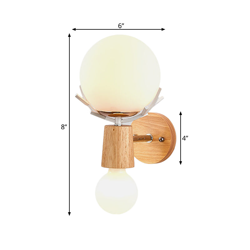 Frendorf | 2 Köpfe Nachttisch Wandbeleuchtung Modernistische Holz Wandleuchte mit Kugel weißem Glas-Schirm