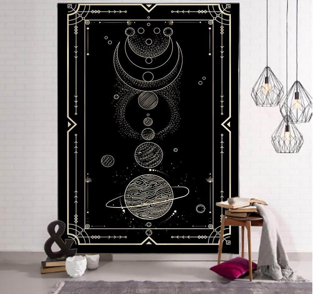 Verzauberung Tarot Wandteppich Kunst - Schwarze und Khaki Sonne, Mond, Stern Universum Geometrisches Design für Wohnheim und Wohnkultur