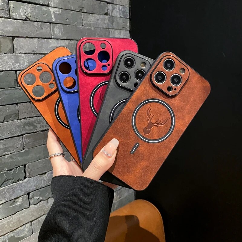 Frendorf | Luxus Hirschleder Apple iPhone Hülle | Magnetische Handyhülle, Kabellose Case, MagSafe, Wireless-Laden, Schutzhülle, Cover iPhone 15, 14, 13 Pro Max Plus