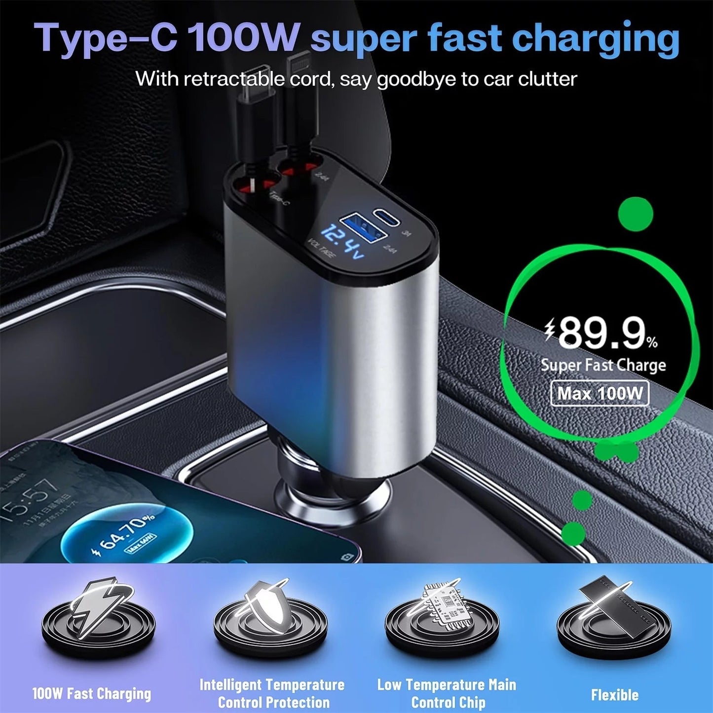 Auto Ladegerät Zigarettenanzünder 100W mit QC3.0+PD, 2 Anschlüssen, 4 Geräte gleichzeitig aufladen, mit digitaler Spannungsanzeige und 80 cm Kabel