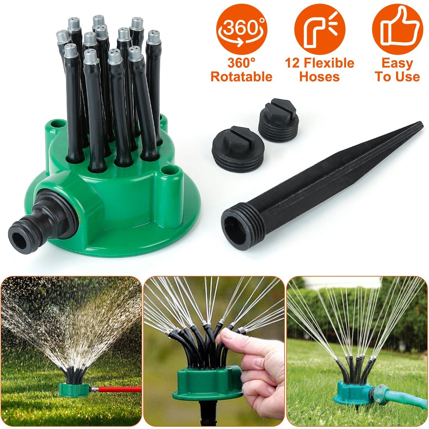 Frendorf | 360° Flexibler Rasenregner Automatisch 12 Rohre Garten Bewässerung Sprinkler