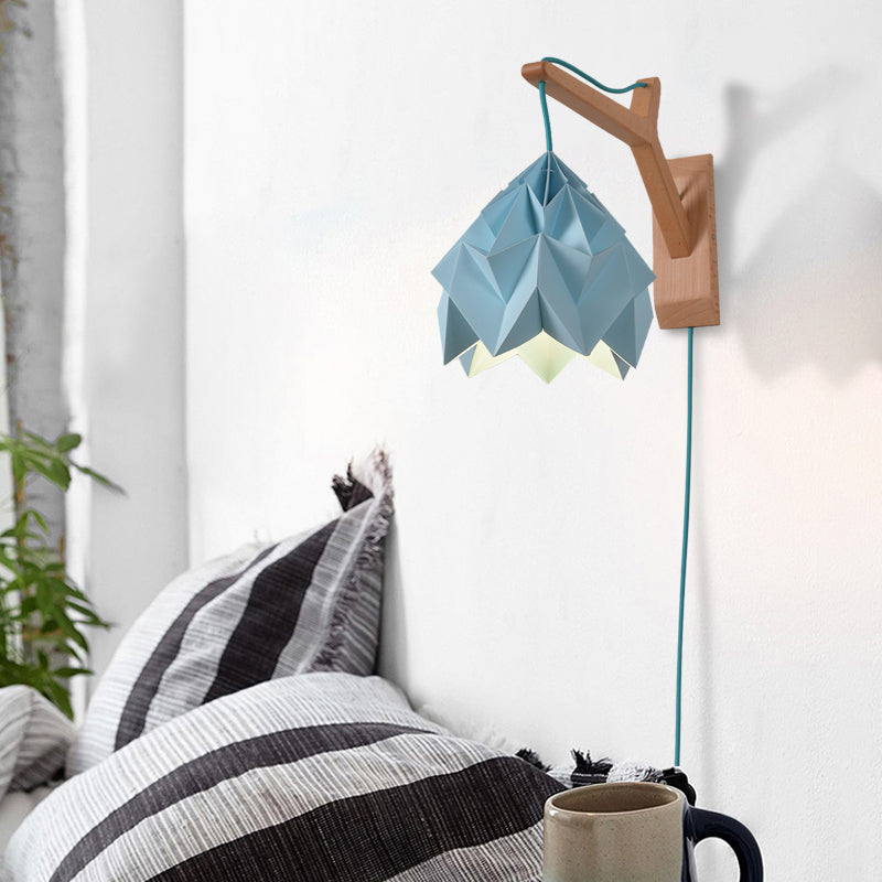 Frendorf | Gekromde Schaduw Papieren Wandlamp Macaron 1 Kop Wit/Roze/Geel/Blauw/Groen Sconcelamp met Houten Achterplaat
