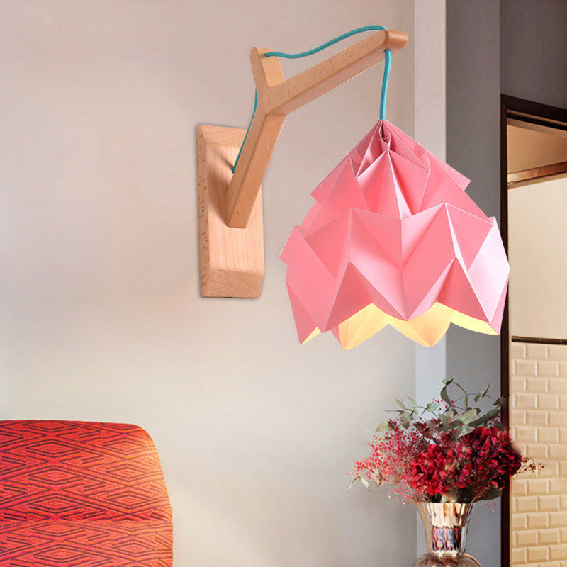 Frendorf | Gekromde Schaduw Papieren Wandlamp Macaron 1 Kop Wit/Roze/Geel/Blauw/Groen Sconcelamp met Houten Achterplaat