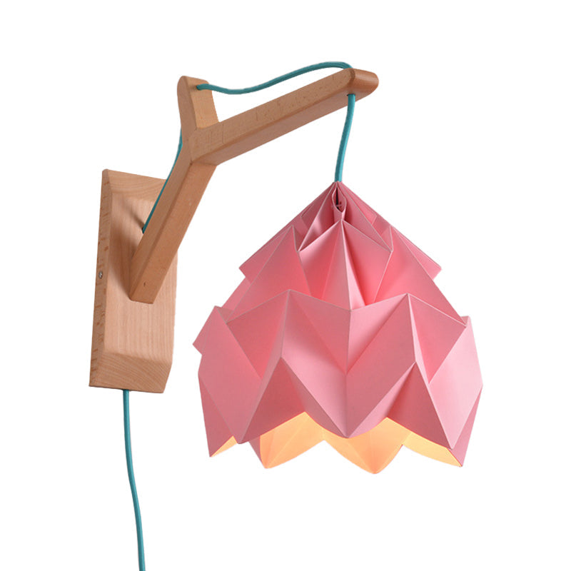 Frendorf | Gekromde Schaduw Papieren Wandlamp Macaron 1 Kop Wit/Roze/Geel/Blauw/Groen Sconcelamp met Houten Achterplaat